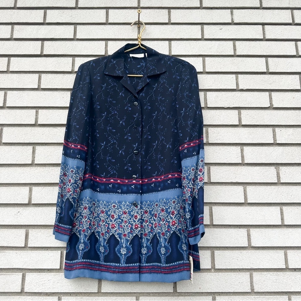 Vintage NWT Dana Buchman 100% Silk Button Up Tunic Blouse Navy Blue Floral Sz 4